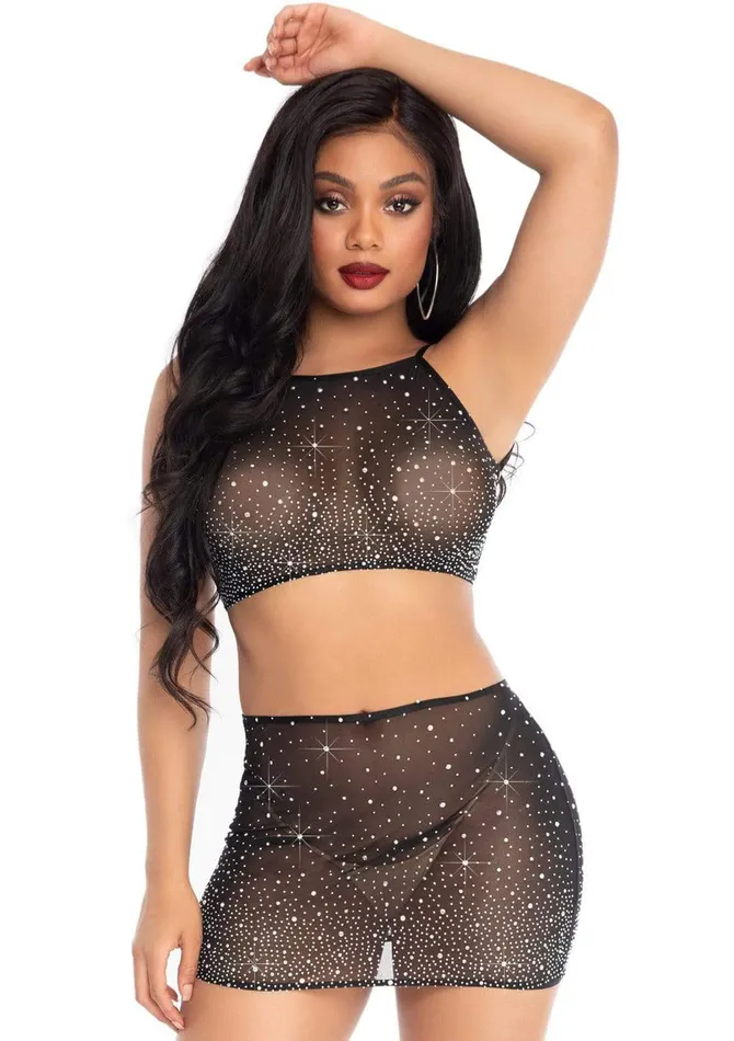 2 Pc Rhinestone Crop Top and Mini Skirt Black Small Leg Avenue Anal