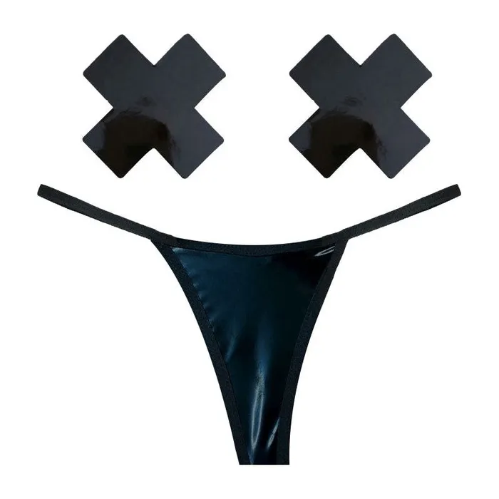 Anal Dom Squad Black Wet Vinyl Pastie GString Set Neva Nude