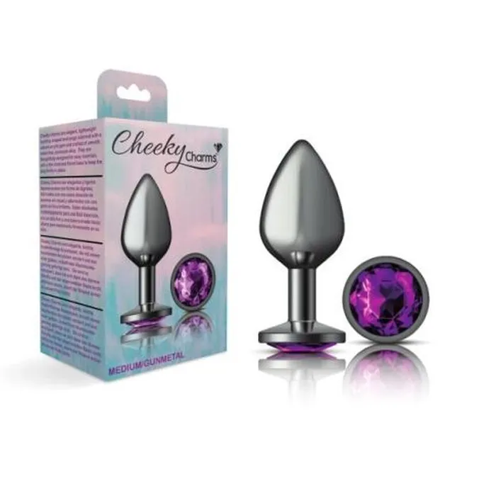 Cheeky Charms Anal | Cheeky Charms Gunmetal Round Butt Plug w Purple Jewel Medium